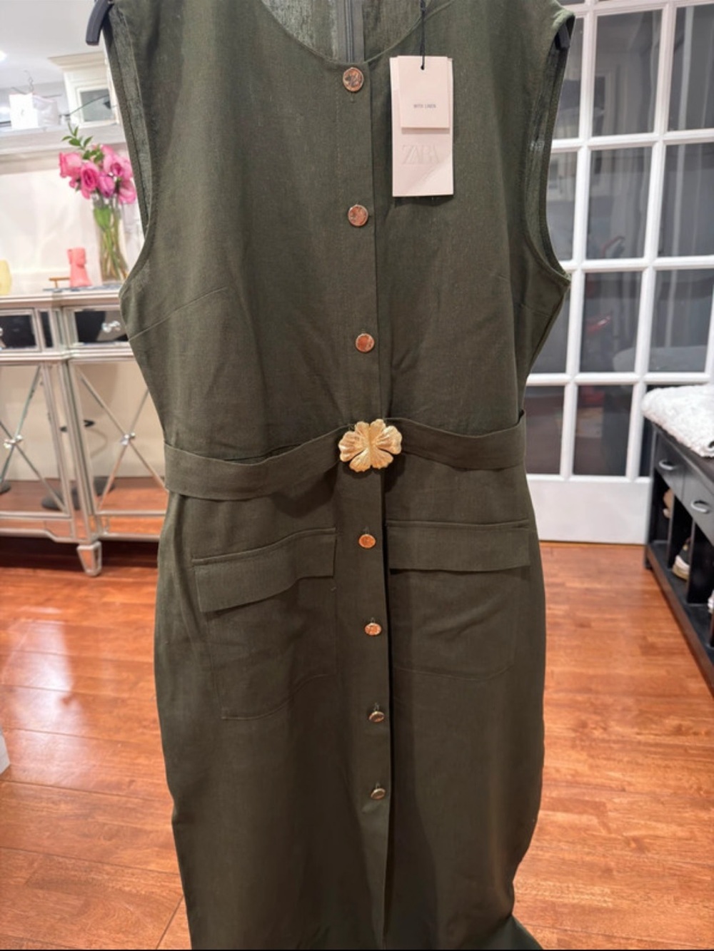 Zara Olive Green Sleeveless Midi Dress with Floral Belt - Picture 7 of 8